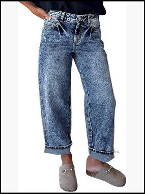 Straight Leg Cropped Roll Hem Boyfriend Jeans Mid Rise Denim